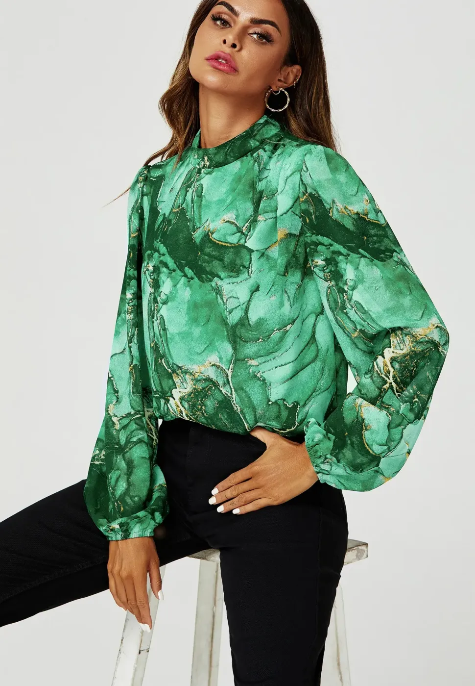 Marble Print Long Sleeve High Neck Top