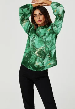 Marble Print Long Sleeve High Neck Top