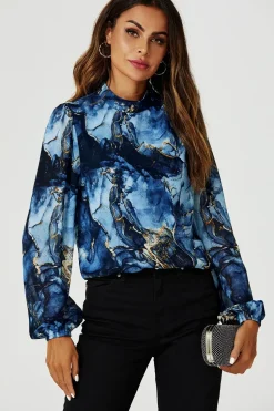 Marble Print Long Sleeve High Neck Top In Navy