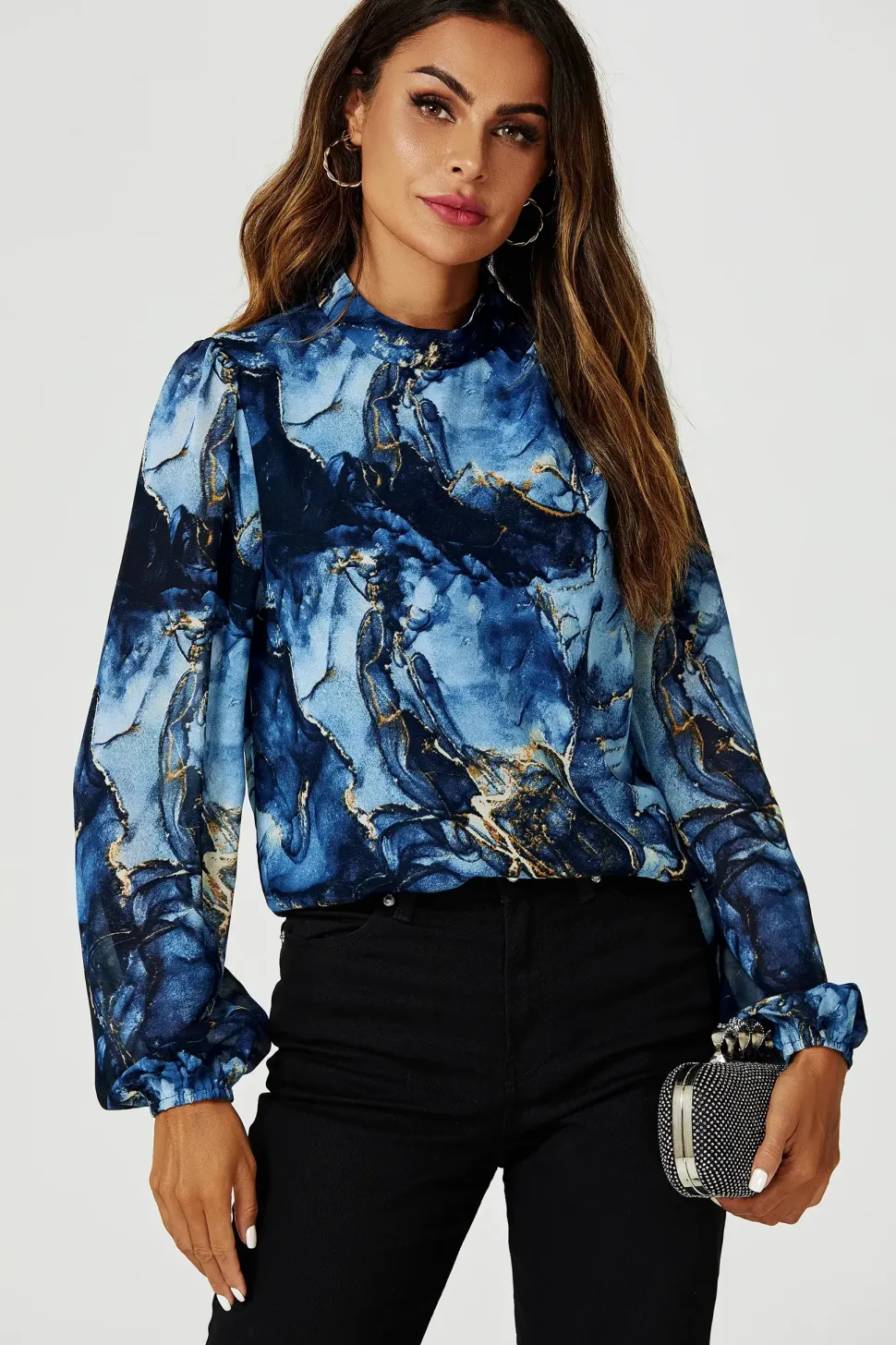 Marble Print Long Sleeve High Neck Top In Navy