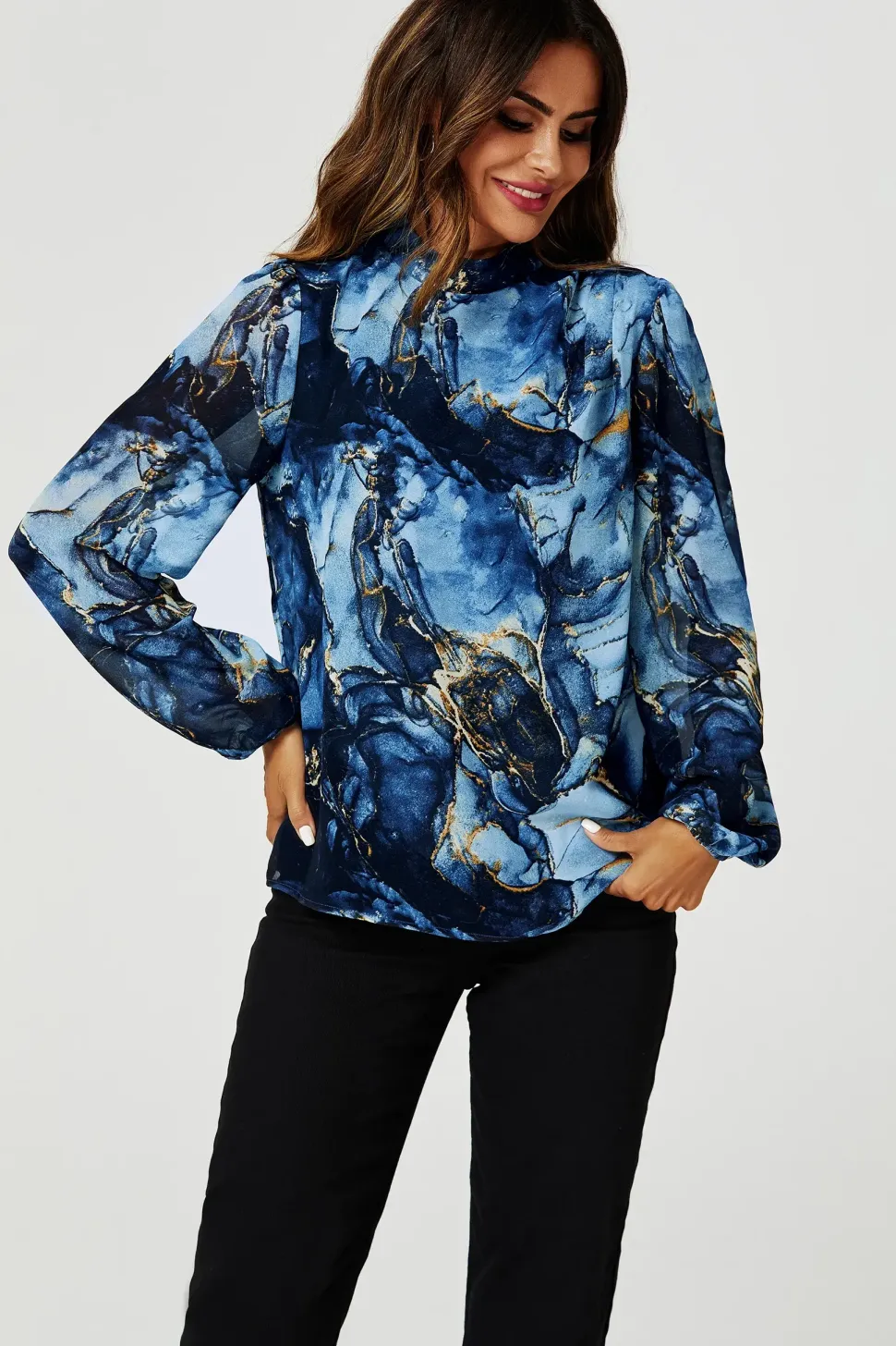 Marble Print Long Sleeve High Neck Top In Navy