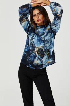 Marble Print Long Sleeve High Neck Top In Navy