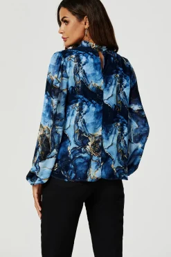 Marble Print Long Sleeve High Neck Top In Navy