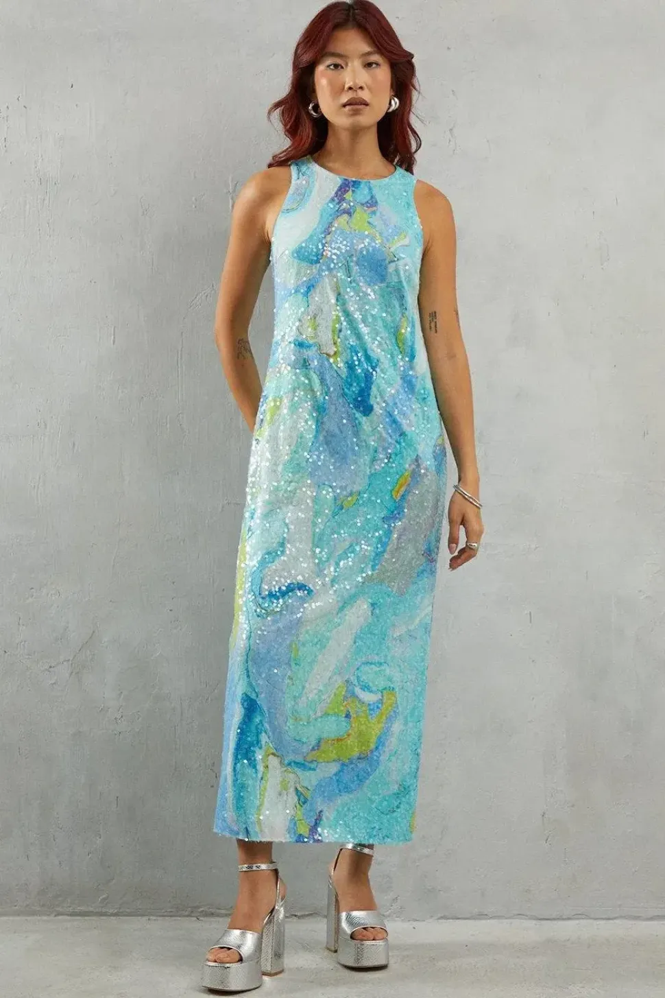 Marble Print Sleeveless Sequin Midi Dress