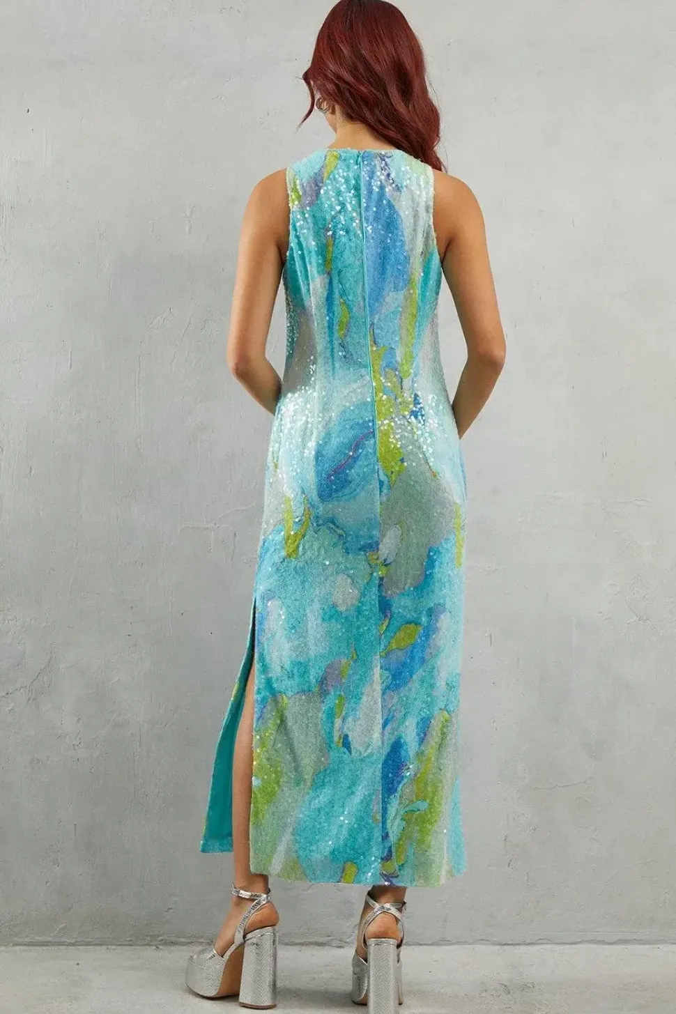 Marble Print Sleeveless Sequin Midi Dress
