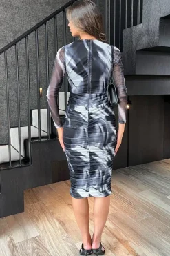 Marble Print Wrap Long Sleeve Ruched Mesh Midi Dress