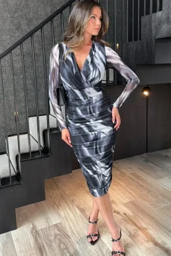 Marble Print Wrap Long Sleeve Ruched Mesh Midi Dress