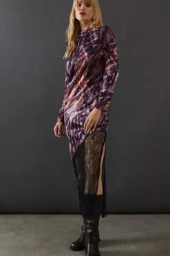 Marble Satin Column Lace Panel Midi Dress