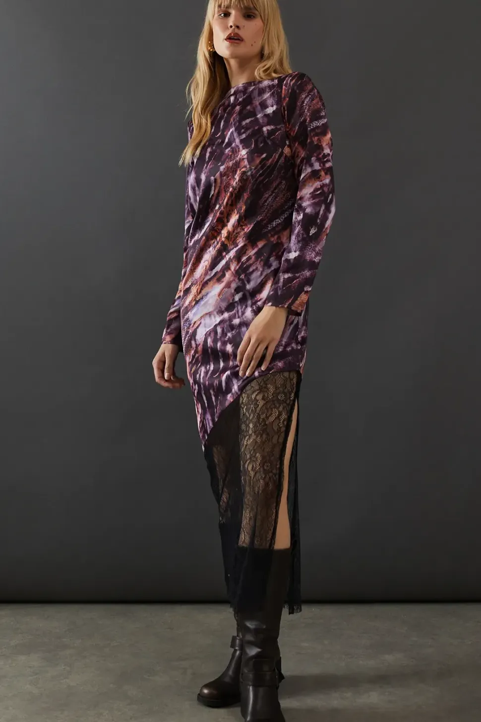 Marble Satin Column Lace Panel Midi Dress