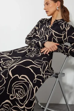 Mary Monochrome Floral Midi Shirt Dress Black