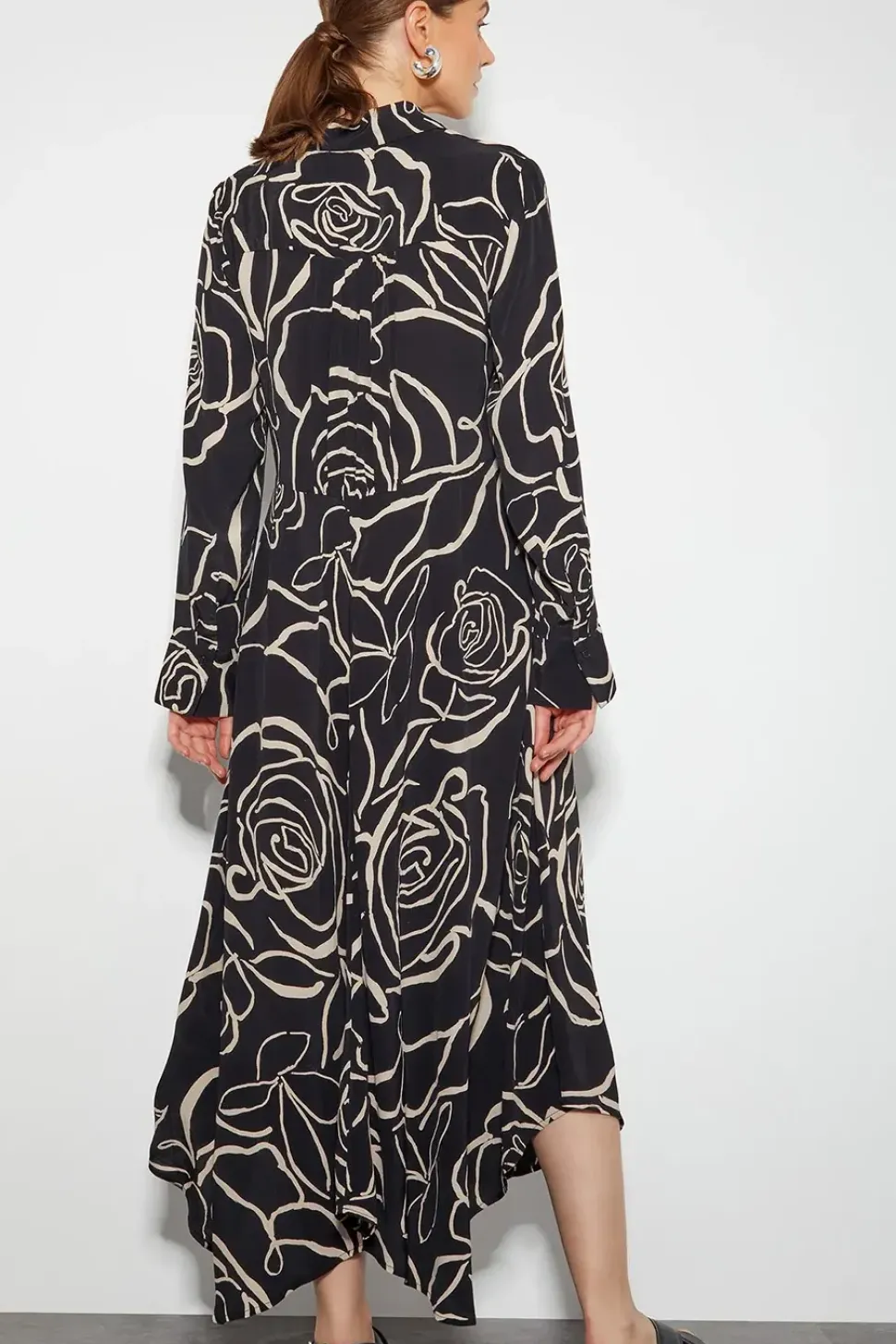 Mary Monochrome Floral Midi Shirt Dress Black