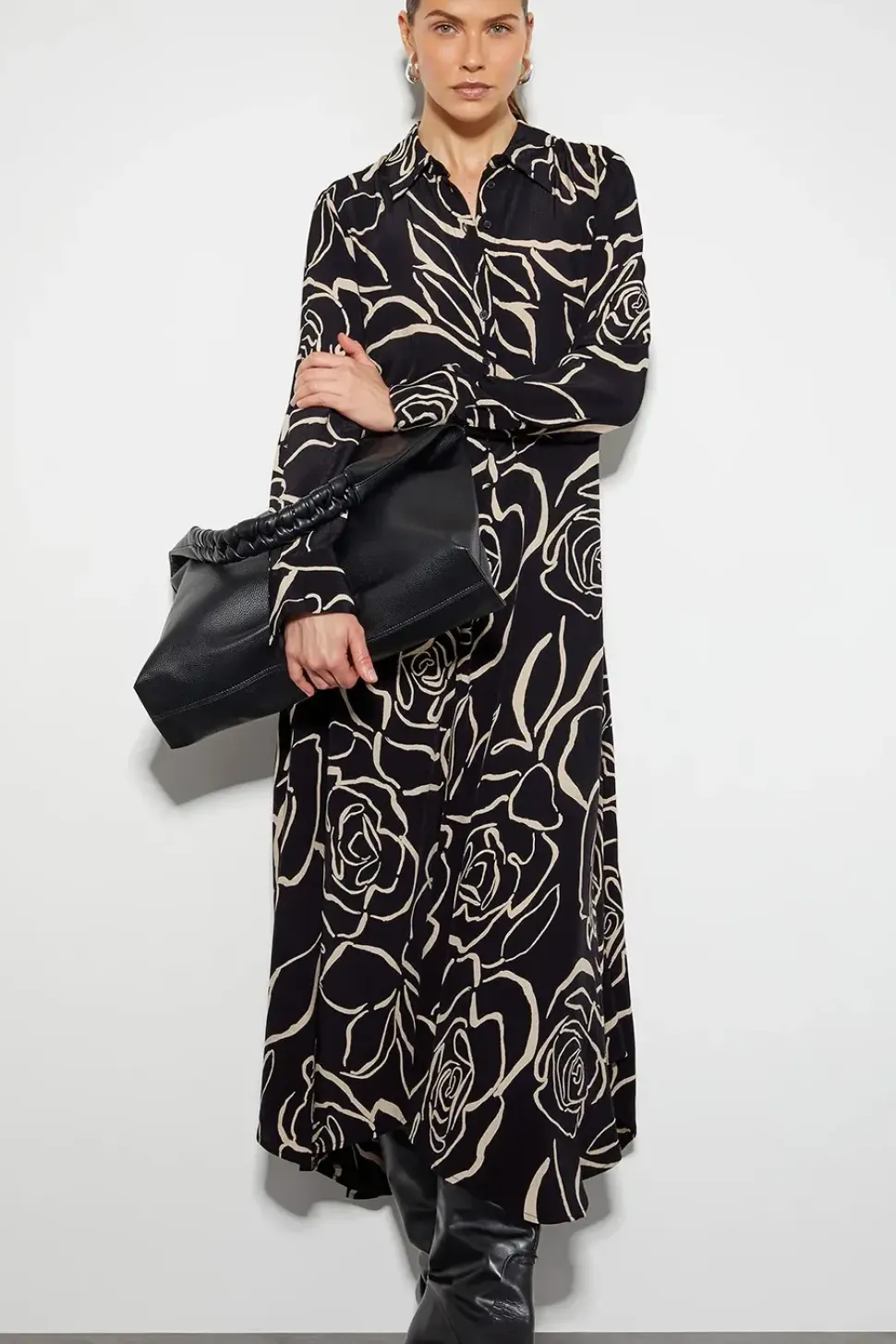 Mary Monochrome Floral Midi Shirt Dress Black