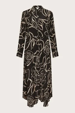 Mary Monochrome Floral Midi Shirt Dress Black