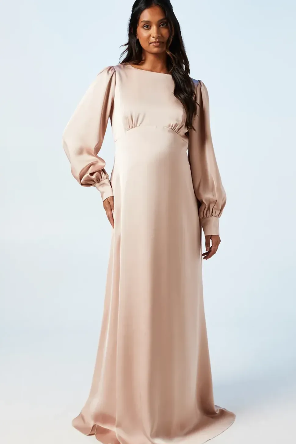 Maternity Blouson Sleeve Satin Bridesmaids Maxi Dress
