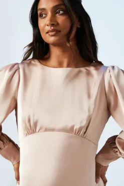 Maternity Blouson Sleeve Satin Bridesmaids Maxi Dress
