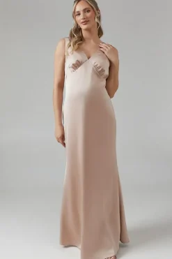 Maternity Bow Back V Neck Satin Bridesmaid Dress