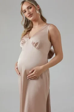 Maternity Bow Back V Neck Satin Bridesmaid Dress