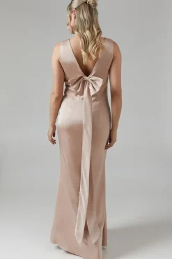 Maternity Bow Back V Neck Satin Bridesmaid Dress