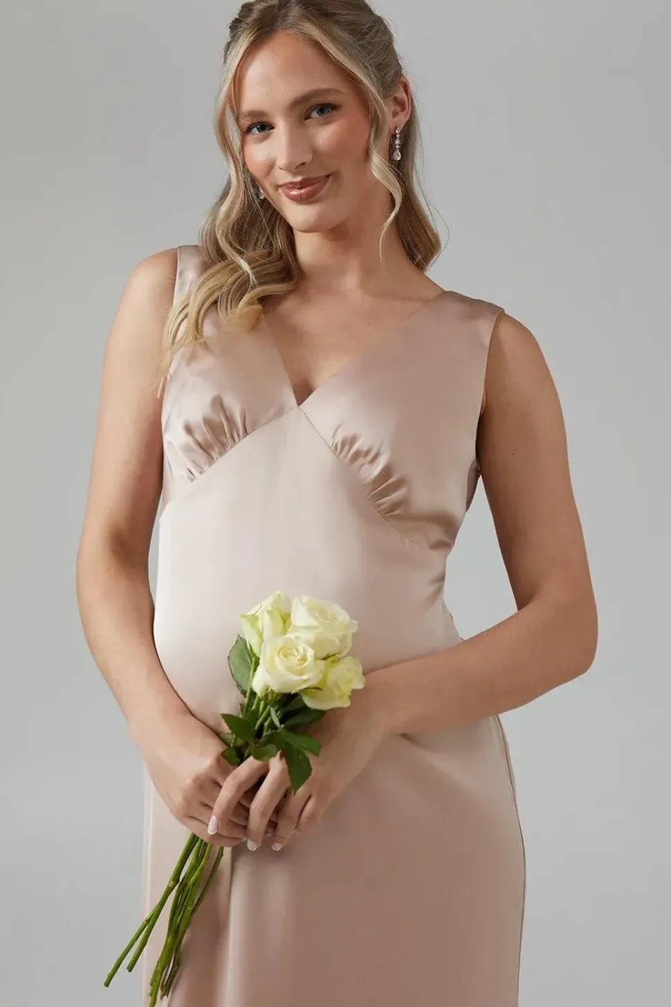 Maternity Bow Back V Neck Satin Bridesmaid Dress