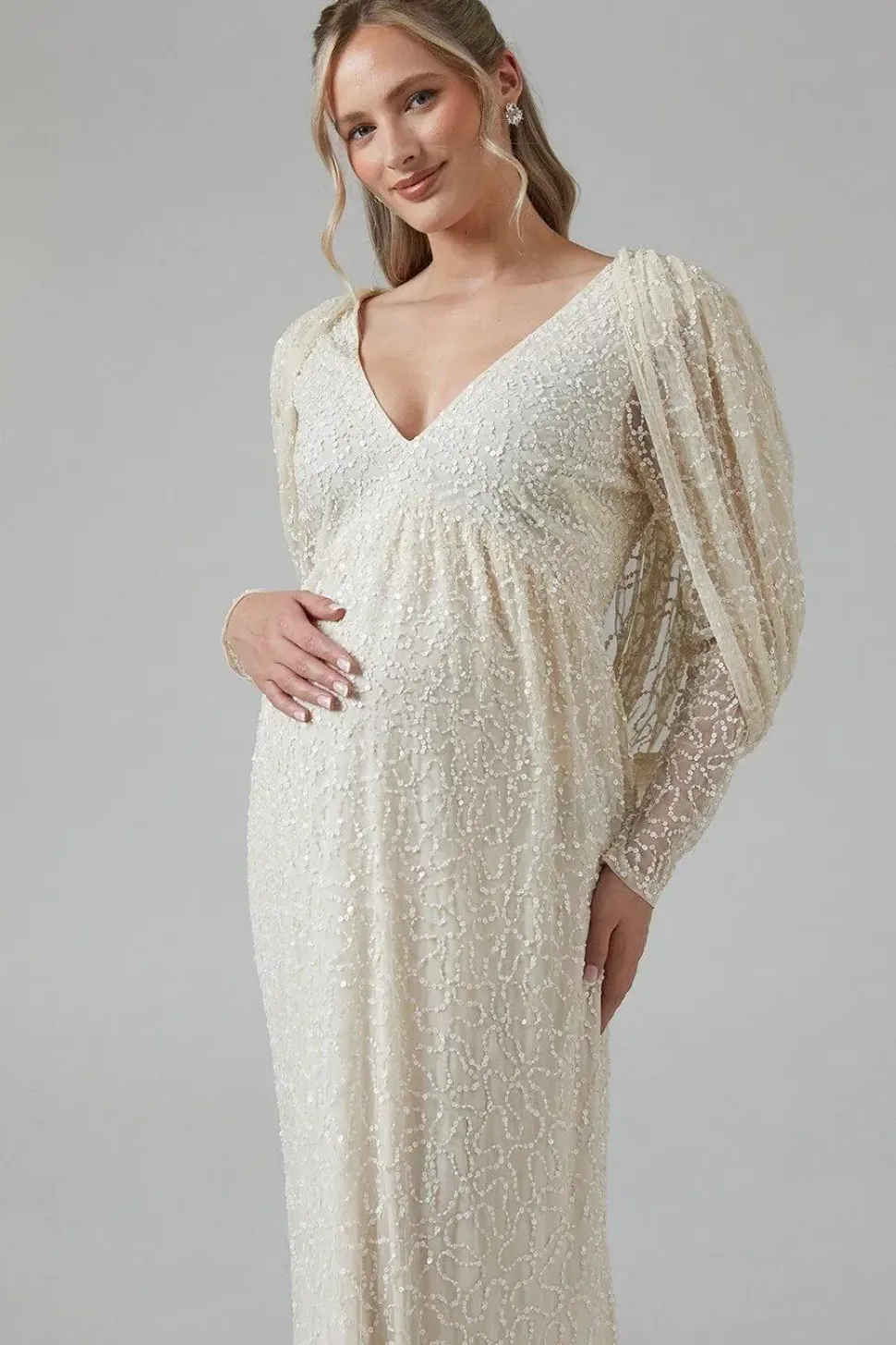 Maternity Cowl Back Long Sleeve Embellished Wedding Dress