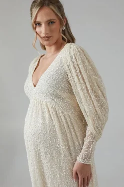 Maternity Cowl Back Long Sleeve Embellished Wedding Dress