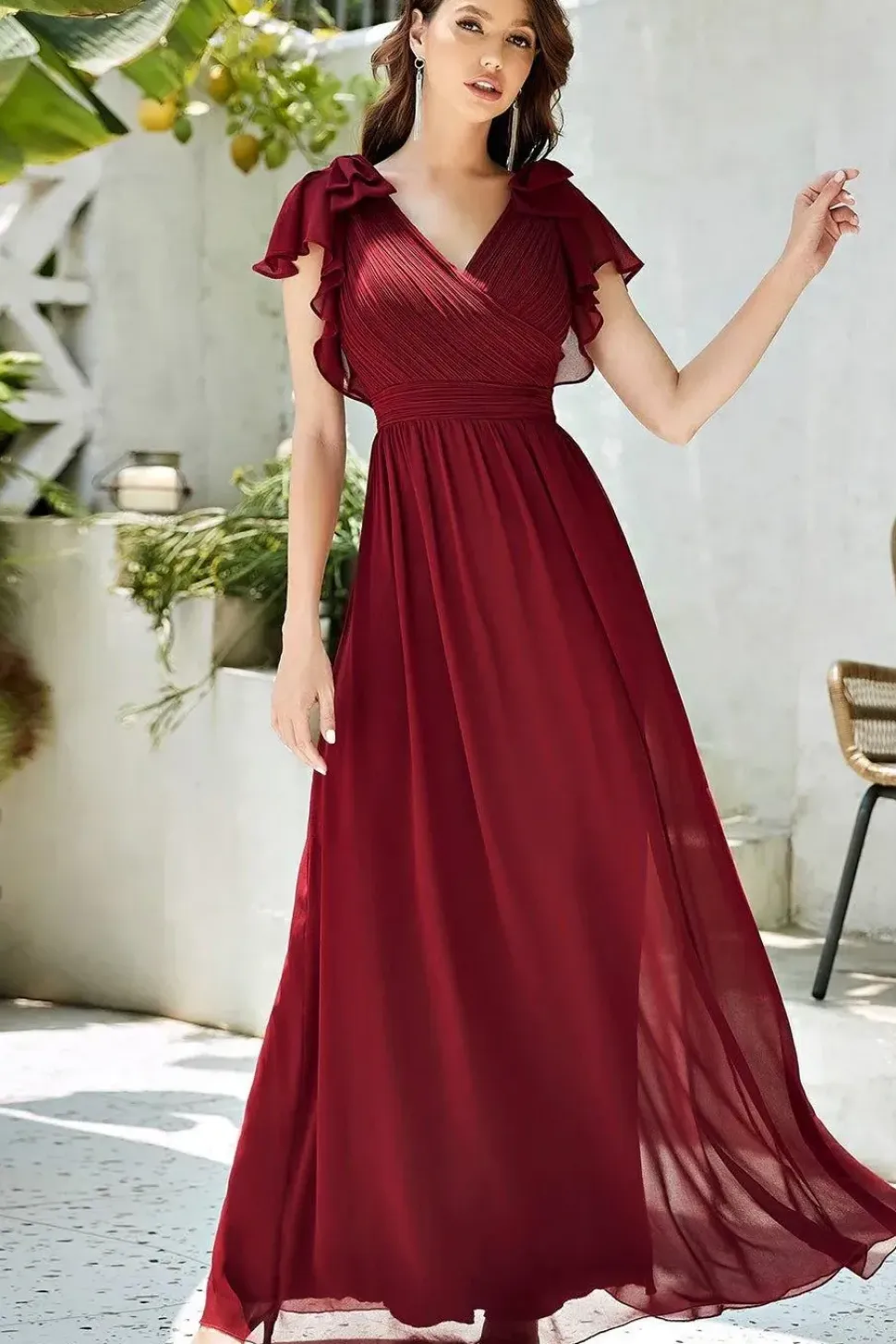 Maxi Long Chiffon Evening Dress with Ruffles Sleeves