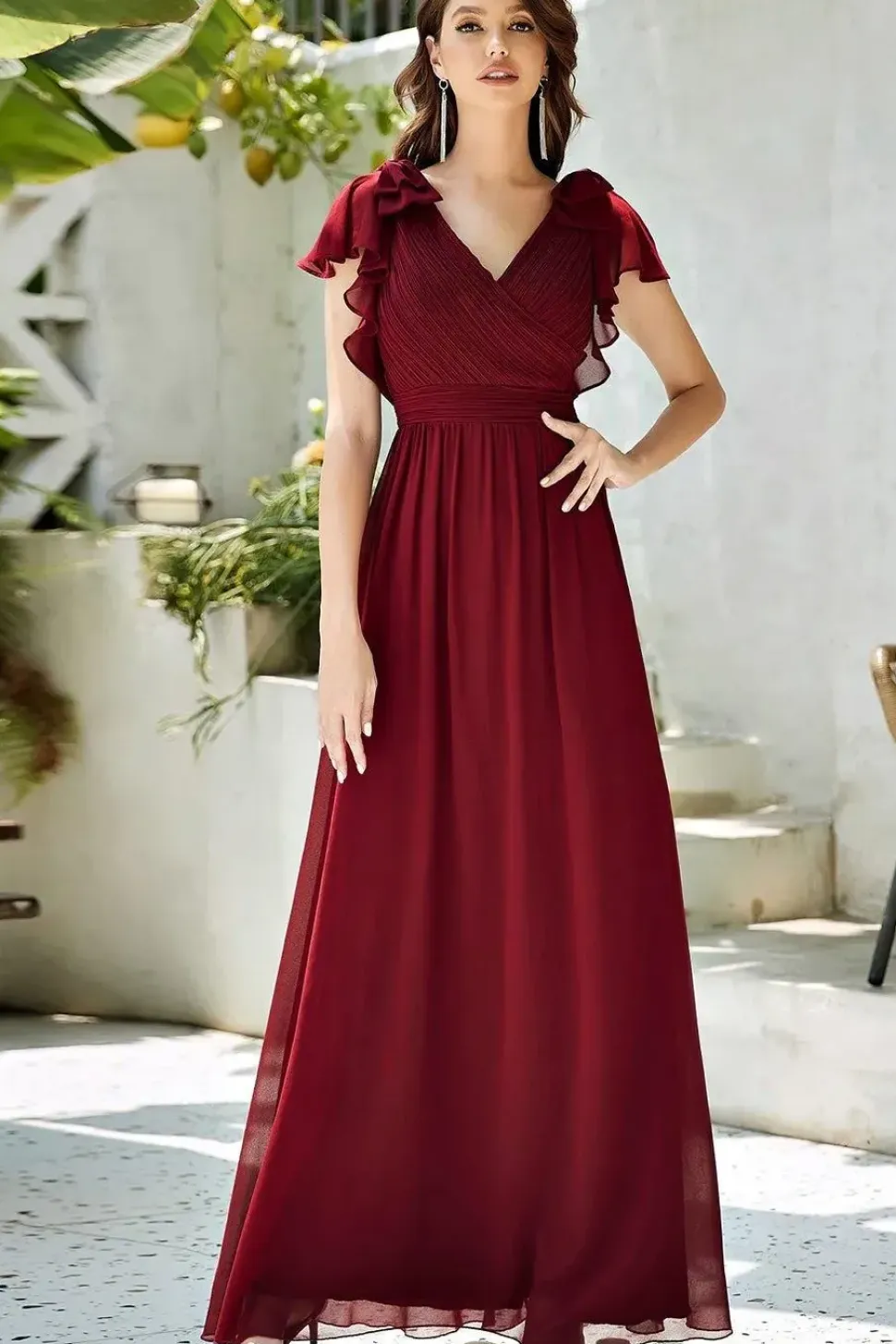 Maxi Long Chiffon Evening Dress with Ruffles Sleeves
