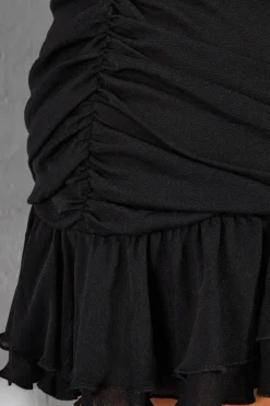 Mesh Bandeau Frill Hem Ruched Bodycon Mini Dress