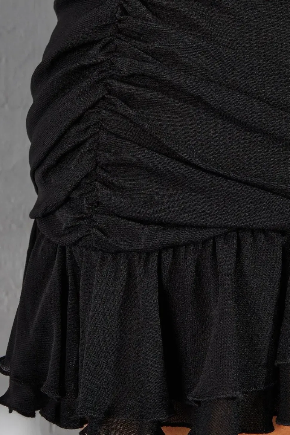 Mesh Bandeau Frill Hem Ruched Bodycon Mini Dress