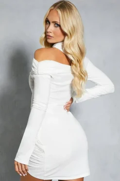 Mesh Bardot Long Sleeve Wrap Mini Dress