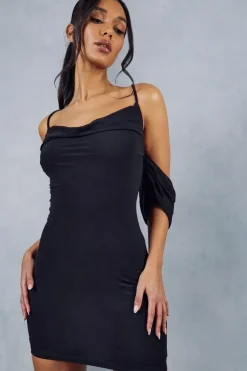 Mesh Cross Strap Drape Sleeve Mini Dress