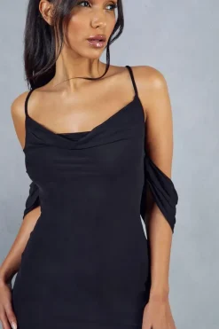 Mesh Cross Strap Drape Sleeve Mini Dress