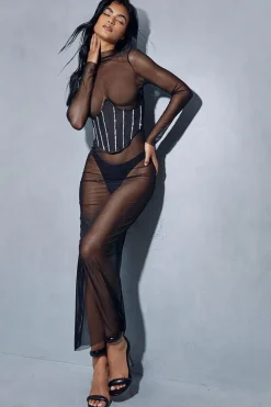 Mesh Diamante Trim Corset Sheer Long Sleeve Maxi Dress