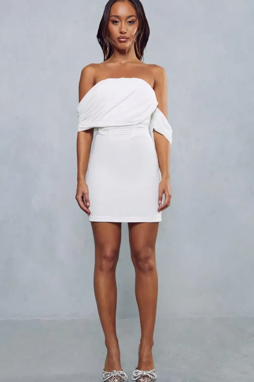 Mesh Drape Sleeve Bardot Mini Dress