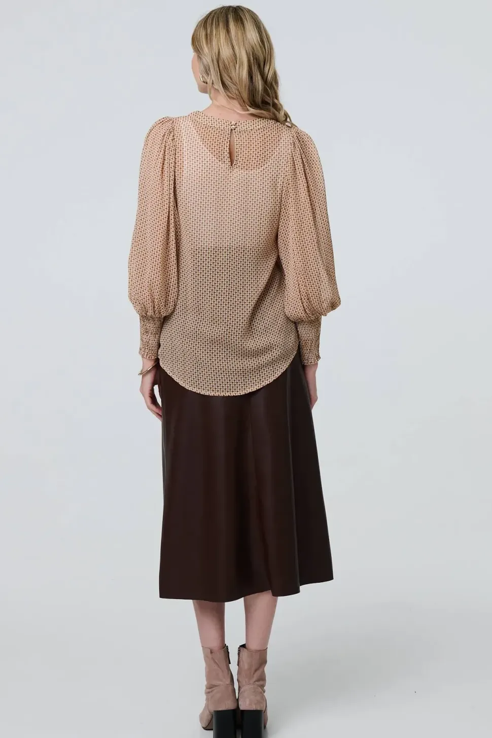 Mesh Fishnet Long Puff Sleeve Top