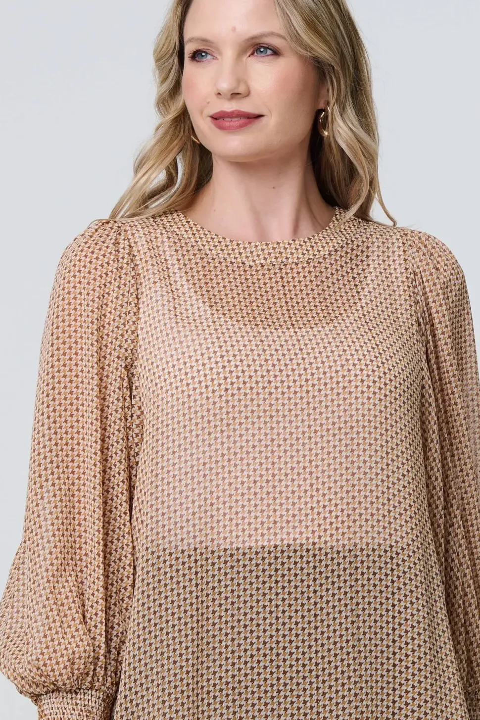 Mesh Fishnet Long Puff Sleeve Top