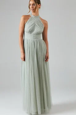 Mesh Halterneck Bridesmaid Maxi Dress