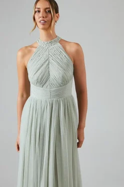 Mesh Halterneck Bridesmaid Maxi Dress