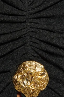 Mesh Hammered Gold Trim Grown On Neck Split Leg Mini Dress