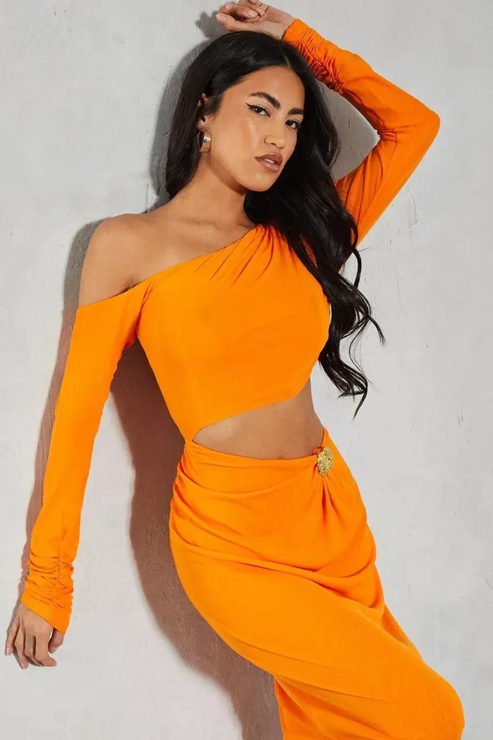 Mesh Hammered Gold Trim Off Shoulder Maxi Dress