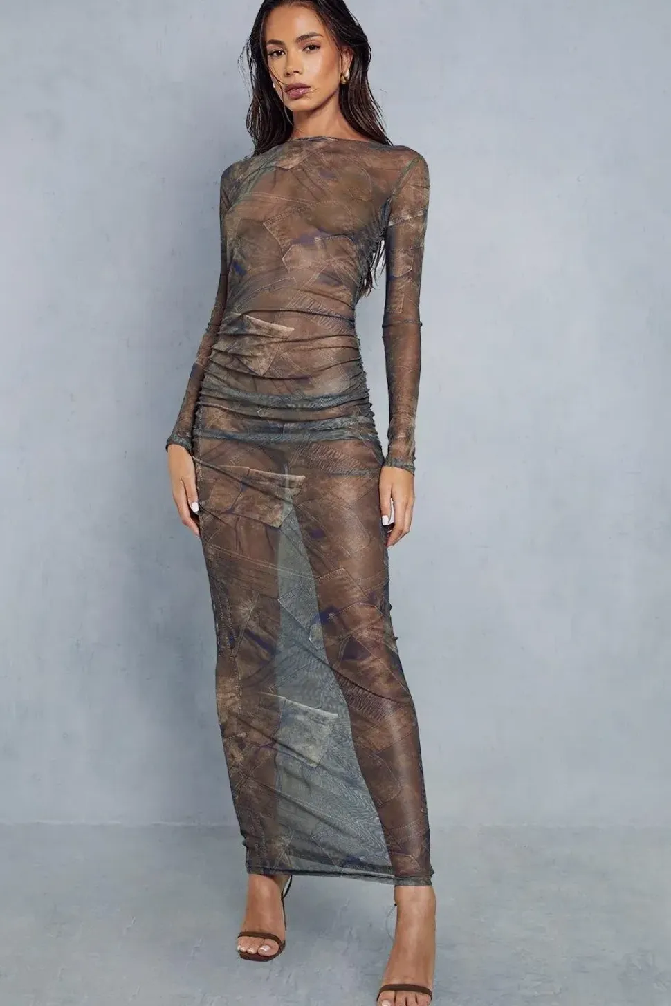 Mesh Jean Print Ruched Maxi Dress