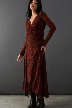 Mesh Knot Front Plunge Neck Hanky Hem Midi Dress