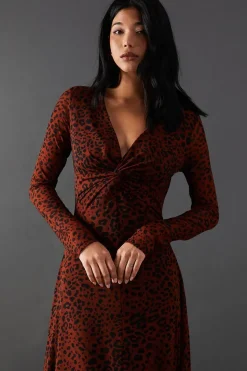 Mesh Knot Front Plunge Neck Hanky Hem Midi Dress
