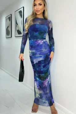 Mesh Overlay Long Sleeve Bodycon Midi Dress