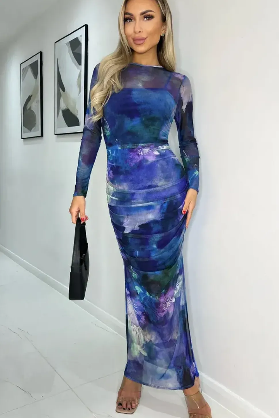 Mesh Overlay Long Sleeve Bodycon Midi Dress
