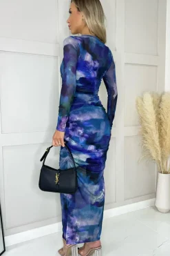 Mesh Overlay Long Sleeve Bodycon Midi Dress