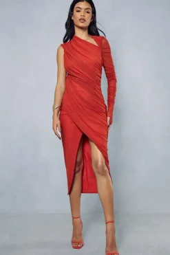 Mesh Ruched Asymmetric One Shoulder Wrap Midi Dress
