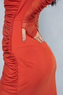 Mesh Ruched Asymmetric One Shoulder Wrap Midi Dress