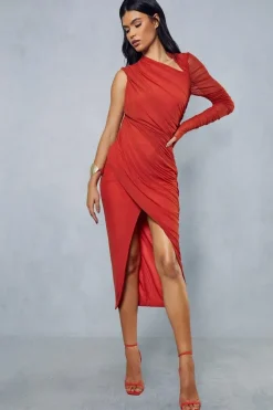 Mesh Ruched Asymmetric One Shoulder Wrap Midi Dress