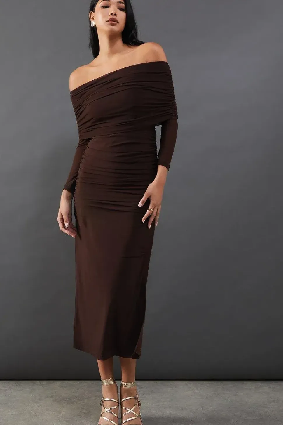 Mesh Ruched Bardot Maxi Dress